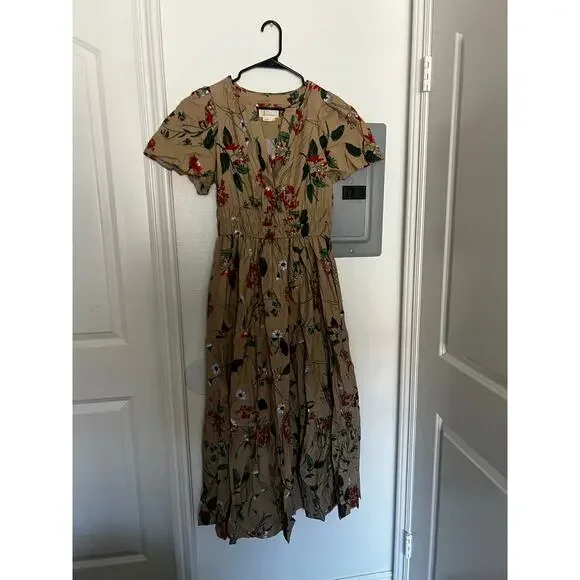 Anthropologie The Somerset Maxi Dress Cotton Tiered in Khaki Floral - Picture 3 of 8